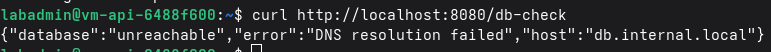 curl to database showing name resolution failure